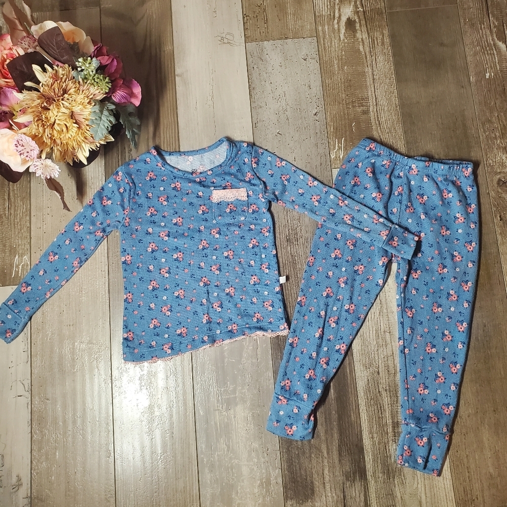 Daisy Fuentes Blue & Pink Floral Matching Pajama PJ Set Toddler Girl Size 3T EUC